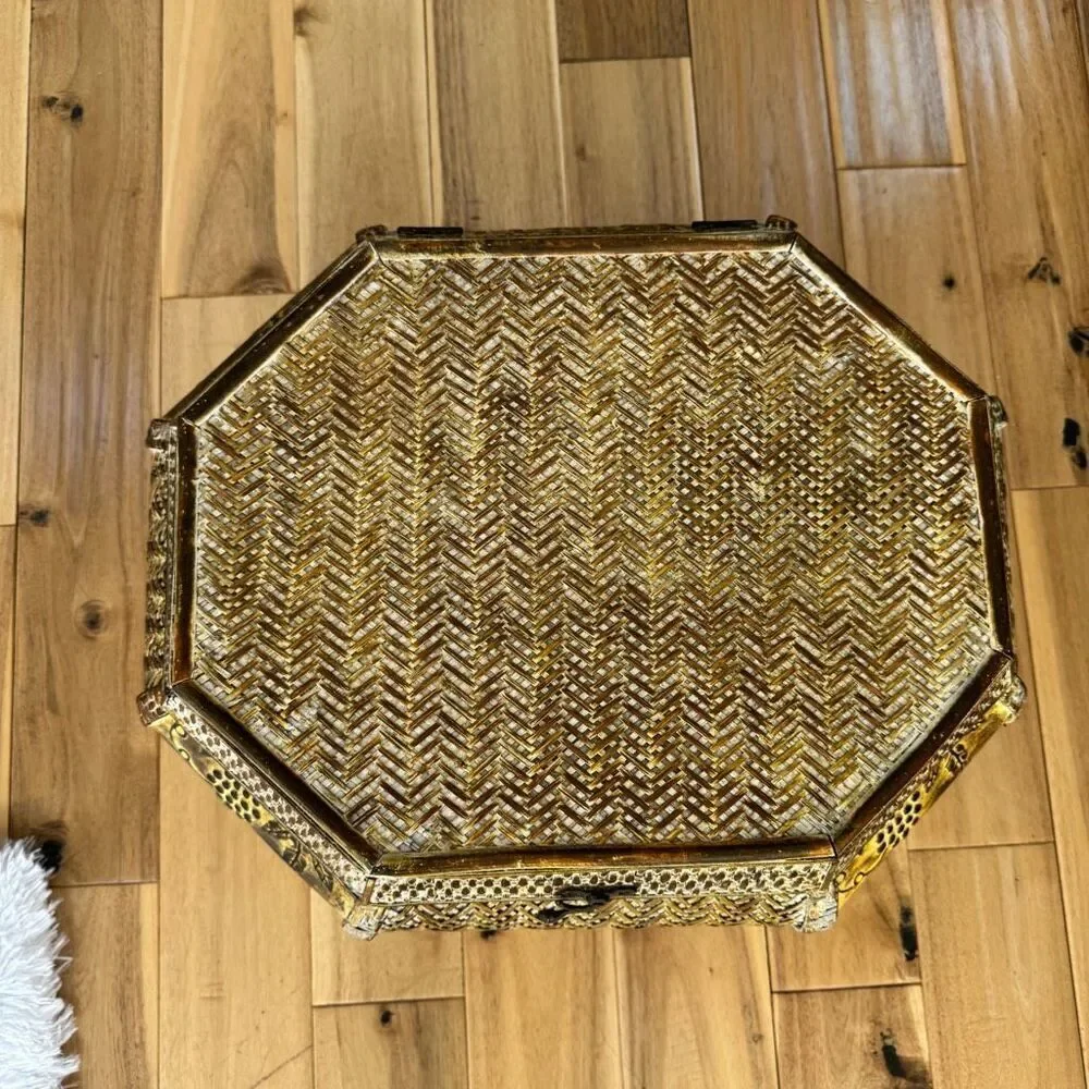Asian Style Vintage Woven Carved light metal/Wooden Trunk inside storage box